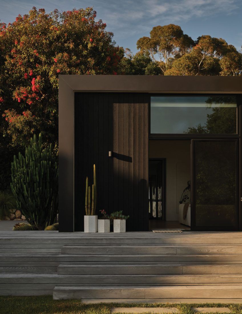 Dark-clad modern house exterior with a timber deck, flowering trees and desert planting.