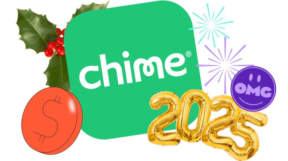 Klover and Chime promotional email graphic with speech bubbles, gold 2025 balloons and holiday baubles.