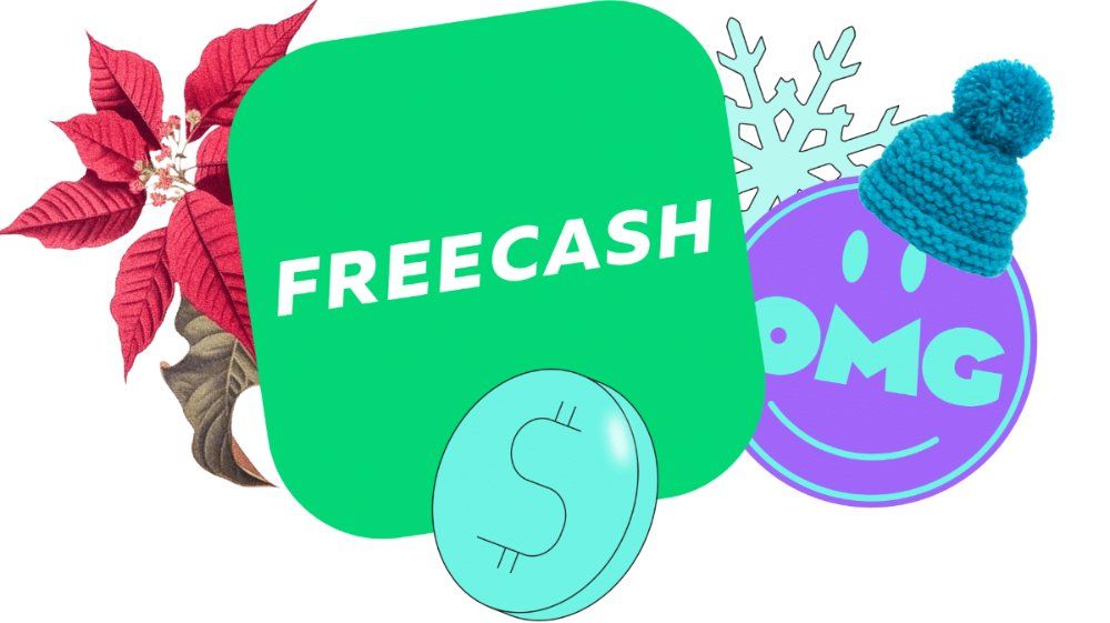 Klover and Freecash promotional email graphic with speech bubbles, a bobble hat, poinsettia and coin.